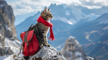 A cat perched on a mountain decked out in a red scarf and bag