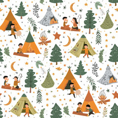Seamless pattern with children in camping tents enjoying nature and starry sky. Ideal for fabric wallpaper and kids' decor