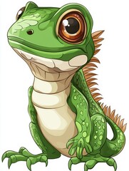 Naklejka premium Cartoon Green Iguana with Big Eyes