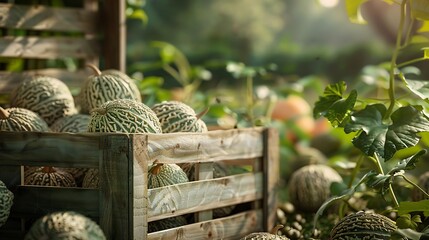 Realistic photo of basket or crate of vegetables with lots of Bitter melons inside with beautiful yard or plantation background