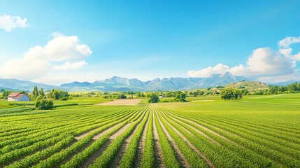 A serene landscape showcasing lush green fields under a bright blue sky, framed by distant mountains and gentle clouds.