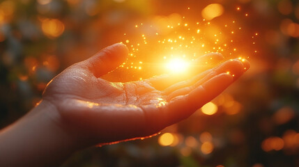 open hand reaches towards golden sunlight, symbolizing hope, aspiration, and the pursuit of dreams. The warm light illuminates the hand, capturing the essence of optimism, growth, and new beginnings