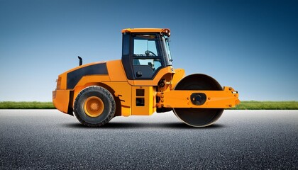 a yellow road roller set against a sleek, The road roller, often used in construction for compacting asphalt, is prominently displayed, educational materials focused on roadwork and heavy machinery