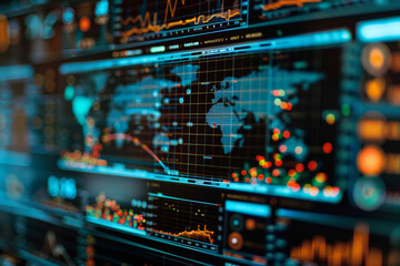 An intricate look at a dashboard monitoring global economic indicators with a focus on recession warning signs and prosperity metrics