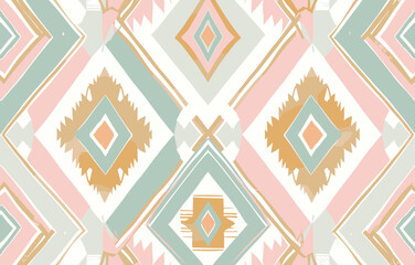 Seamless geometric pattern with pink green and gold abstract shapes. Perfect for fabric wallpaper and packaging design