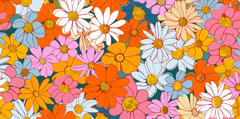 A vibrant pattern of daisies and other flowers in a mix of colours perfect for adding a touch of floral joy to your design projects