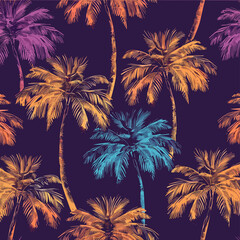 Fototapeta premium Seamless pattern with tropical palm trees on dark background in orange blue and purple colors
