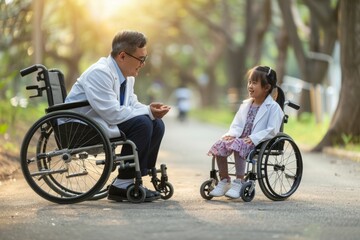 Doctor And Happy Little Girl With Cerebral Palsy Having Fun In The Park With Wheelchair.