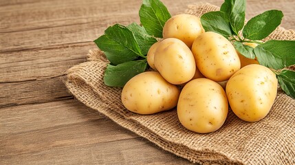 A fresh collection of golden potatoes arranged on burlap with green leaves, suitable for cooking or gardening concepts.