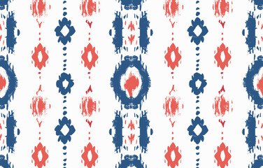 Seamless pattern of abstract geometric shapes in blue and coral on a white background. Perfect for textiles wallpaper packaging and more