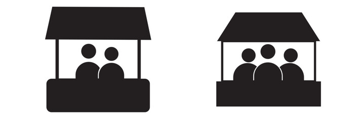 Sales booth symbol Icon. Web app ui sign logo of promotional street store vendor in market. Vector set collection of seller event promo kiosk display counter stall. Flat outline reception banner table