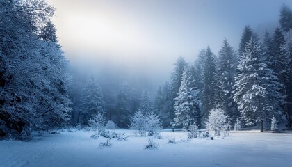 Fototapeta premium winter landscape featuring a dense forest blanketed in snow and ice. The tall evergreen trees are covered in thick layers of snow, creating a peaceful and cold atmosphere, a winter day in a pristine