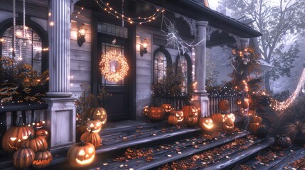 Obraz premium Spooky Halloween Decorated House with Glowing Jack-O'-Lanterns on a Dark Autumn Night, Eerie and Festive Scene for Halloween Designs