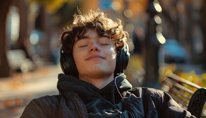 Obraz premium Young man listening to music on a bench