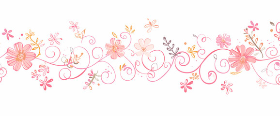 Delicate pink floral border with swirling vines on a white background