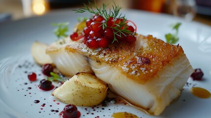 A closer look of a fried cod fillet top with grill potato slices and cloudberry sauce
