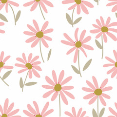 Seamless pattern of pink daisies on a white background. This simple floral design is perfect for adding a touch of elegance and femininity to any project