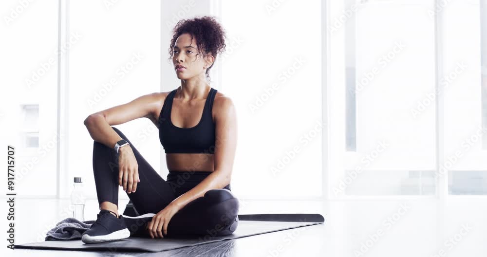 Poster Relax, fitness and woman in gym with breathing at exercise workout, rest and sitting on floor. Fatigue, sweat and tired athlete girl on ground on break, commitment in healthy body and sports training