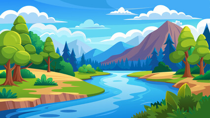 A river scene flat design side views Serene riverbank background