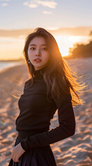 Fototapeta premium Beautiful Asian girl by the sea