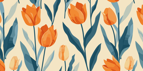 A seamless pattern featuring orange tulips with blue-green leaves on a light yellow background. This design is perfect for creating floral-themed prints textile patterns and wallpaper designs