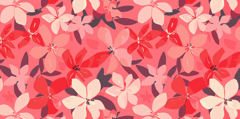 Seamless pattern of red and pink flowers and leaves on a pink background ideal for fabric wallpaper and digital design