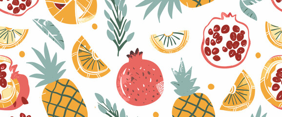 A colorful and vibrant seamless pattern featuring pineapples oranges and pomegranates. This pattern is perfect for adding a touch of summer to any design project