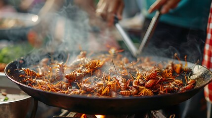 Fototapeta premium A closeup shows a street food vendor frying insects