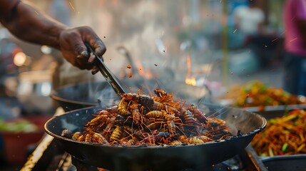 Fototapeta premium A closeup shows a street food vendor frying insects