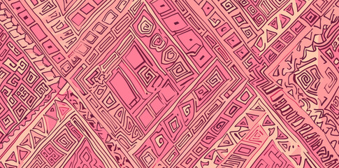 Abstract geometric pattern with pink and beige color scheme. The background is a light pink with darker pink lines and shapes creating a complex overlapping design