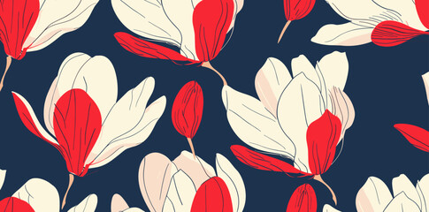 Seamless pattern with red and white flowers on a navy background