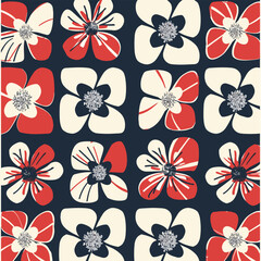 Fototapeta premium A seamless pattern of red and white flowers with silver glitter centers on a dark blue background