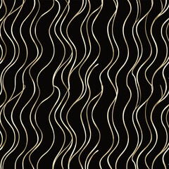 Abstract gold wavy lines pattern on a black background. This design is perfect for creating modern and stylish backgrounds patterns and textures