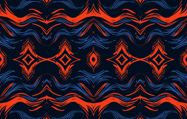Abstract Seamless Pattern with Blue and Red Wavy Lines and Geometric Shapes on a Dark Background