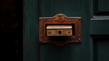 Close-up of a vintage brass mailbox embedded in a wooden door, with intricate carvings and a small slot for letters, softly lit by afternoon sunlight