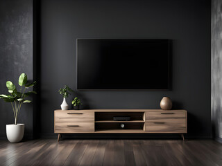 Tv cabinet in modern empty room,Dark wall, 3d rendering