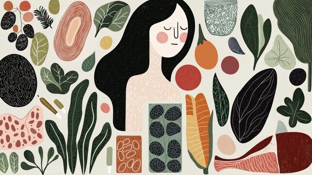 Colorful illustration depicting iron deficiency with various foods and a sad woman
