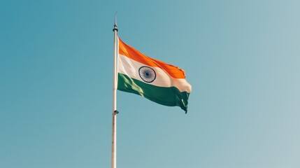 Indian National Flag Tricolour with Ashoka Chakra Flying Against a Clear Sky for Patriotic Themes