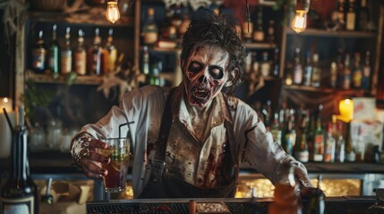 Halloween Zombie bartender serving drinks in a haunted bar