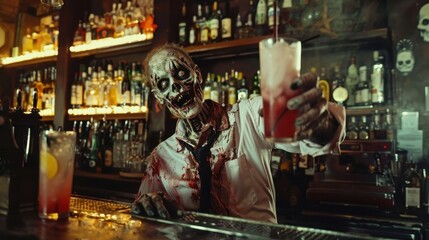 Halloween Zombie bartender serving drinks in a haunted bar