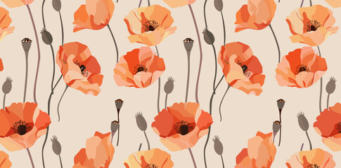 Seamless pattern featuring delicate orange poppies with seed pods on a light beige background. This floral design is perfect for textile prints wallpaper or packaging