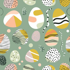 Abstract seamless pattern with colorful eggs and wavy lines on a green background. This vibrant and whimsical pattern is perfect for adding a touch of spring cheer to any design project