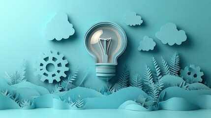 Paper Art Lightbulb with Gears on Abstract Background