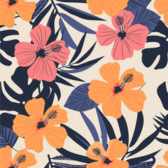 A vibrant and colorful seamless pattern featuring orange and pink hibiscus flowers blue and green leaves and a cream background. Perfect for textile prints wallpapers and fashion designs