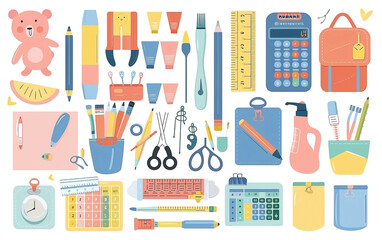 Cute Kawaii School Supplies Illustration Set