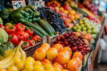 Fresh colorful fruits and vegetables on market display © igor