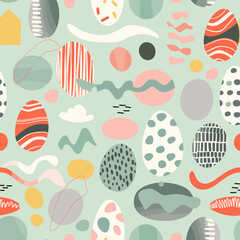 Naklejka premium Abstract seamless pattern with colorful eggs and geometric shapes on a green background. This cheerful design is perfect for Easter, spring, or any celebration.