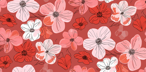 Seamless pattern of pink and red flowers on a red background