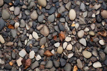 Processed collage of wet pebble stones on asphalt texture. Background for banner, backdrop
