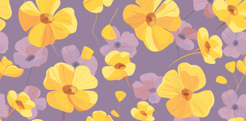 Seamless pattern of yellow and purple flowers on a light purple background. The flowers are arranged in a random order and create a beautiful floral design